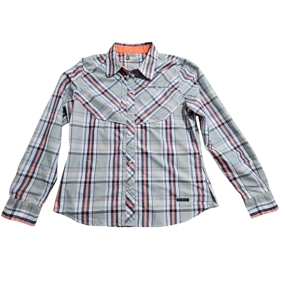 Simms Guide Series Fishing Shirt Large Grey Orange Plaid Snap Front Ventilated